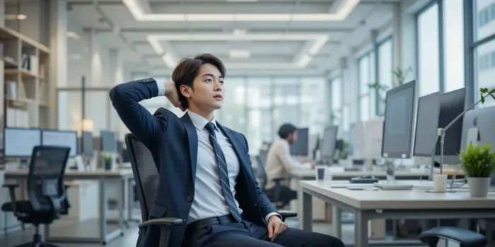 의자에 앉아 스트레칭하는 직장인의 모습