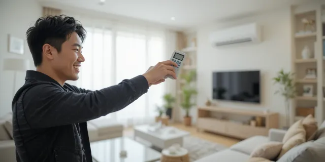 에어컨 리모컨 설정으로 전기세 절약 실천하는 모습