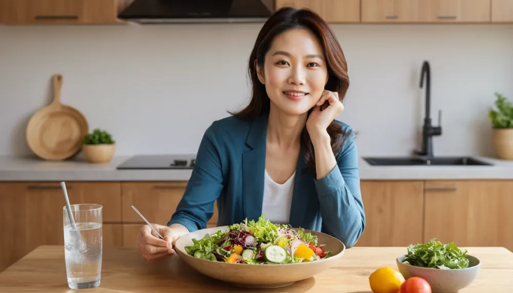 피부 노화를 늦추는 식습관과 수분 섭취를 실천하는 여성