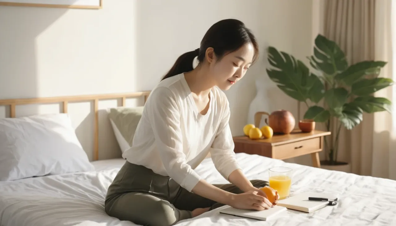 건강한 아침 루틴을 실천하는 여성이 스트레칭을 하며 물을 마시는 모습