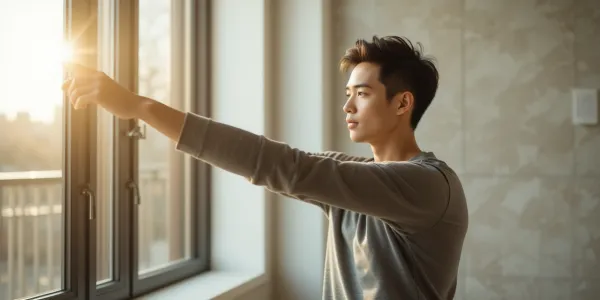 건강한 하루를 시작하며 면역력을 높이기 위한 스트레칭을 하는 일상의 한 장면