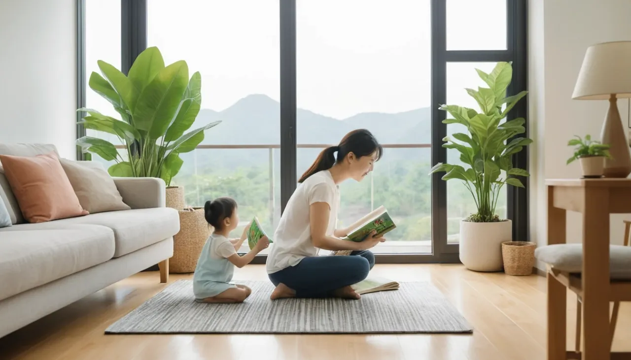 실내 공기 관리와 가족 건강 루틴을 실천하는 거실 모습