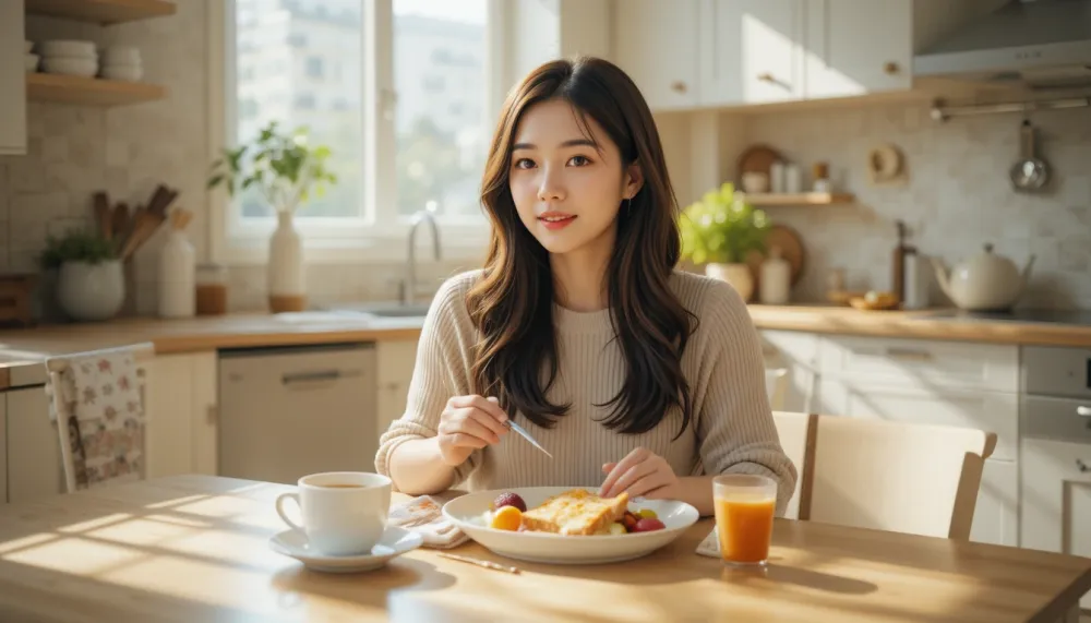 아침 식사를 통해 하루를 건강하게 시작하는 식사 루틴 장면