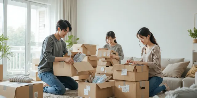 이사 준비를 하며 박스를 정리하는 가족의 모습
