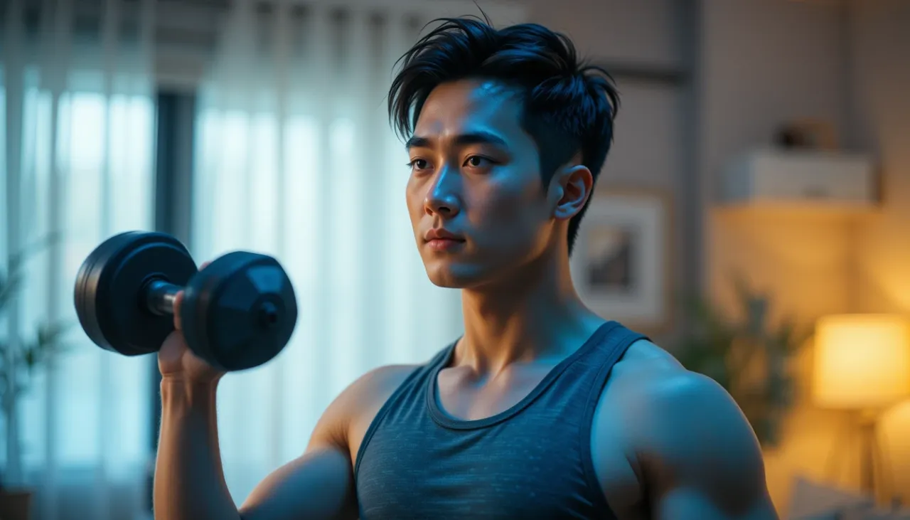 근성장을 위한 운동 시점을 고려한 저녁 시간대 실내 근력 운동 장면
