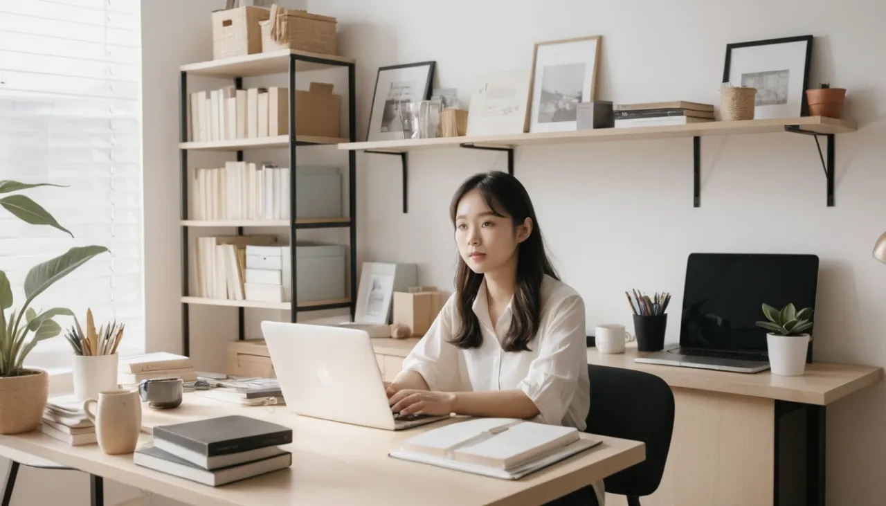 생산성을 높이기 위한 책상 정리와 공간 활용이 잘 된 책상 이미지