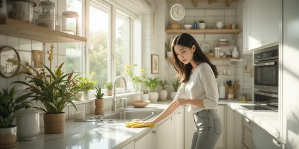 주방 위생을 지키기 위해 조리대 주변을 청소하는 여름철 실내 장면