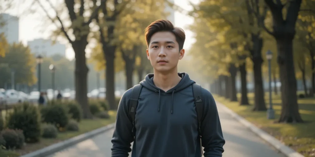 하루 8천 보 걷기 루틴을 실천하며 공원 산책로를 걷는 남성의 모습