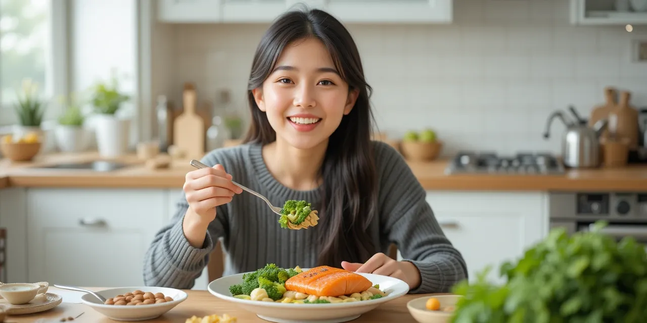 뼈 건강에 좋은 음식으로 구성된 균형 잡힌 식단 모습