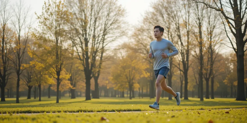 매일 10분 달리기 효과를 실천하며 아침 공원을 달리는 남성의 모습