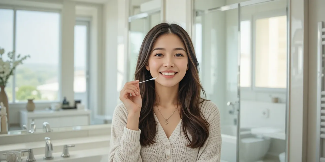 치실 사용법을 따라 위생적인 구강 관리를 실천하는 여성의 모습