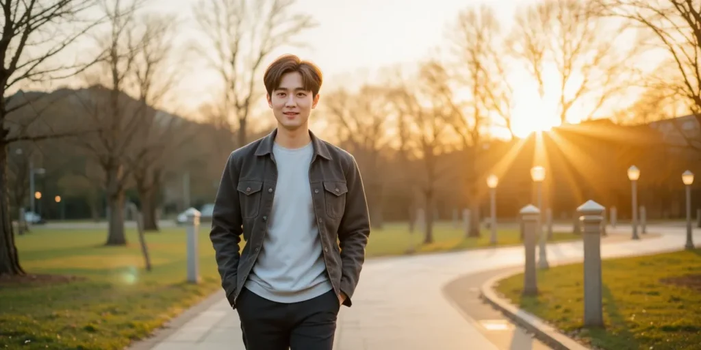 저녁 시간 산책 루틴을 실천하며 마음의 여유를 찾는 남성의 모습