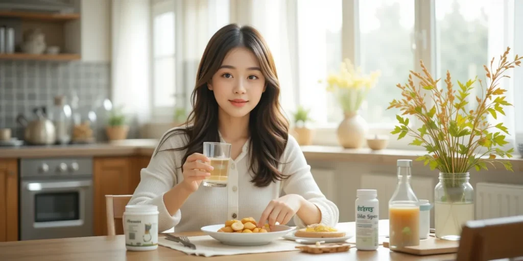 유산균 복용 시간에 맞춰 아침에 유산균을 섭취하는 여성