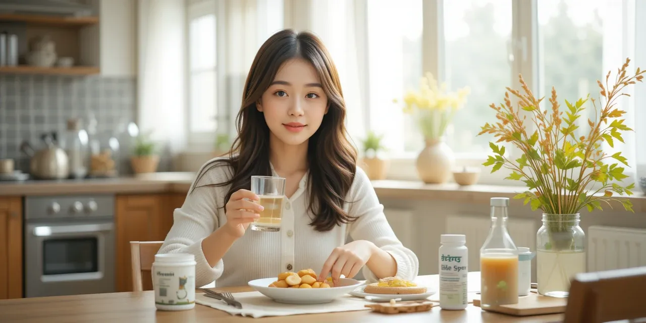 유산균 복용 시간에 맞춰 아침에 유산균을 섭취하는 여성