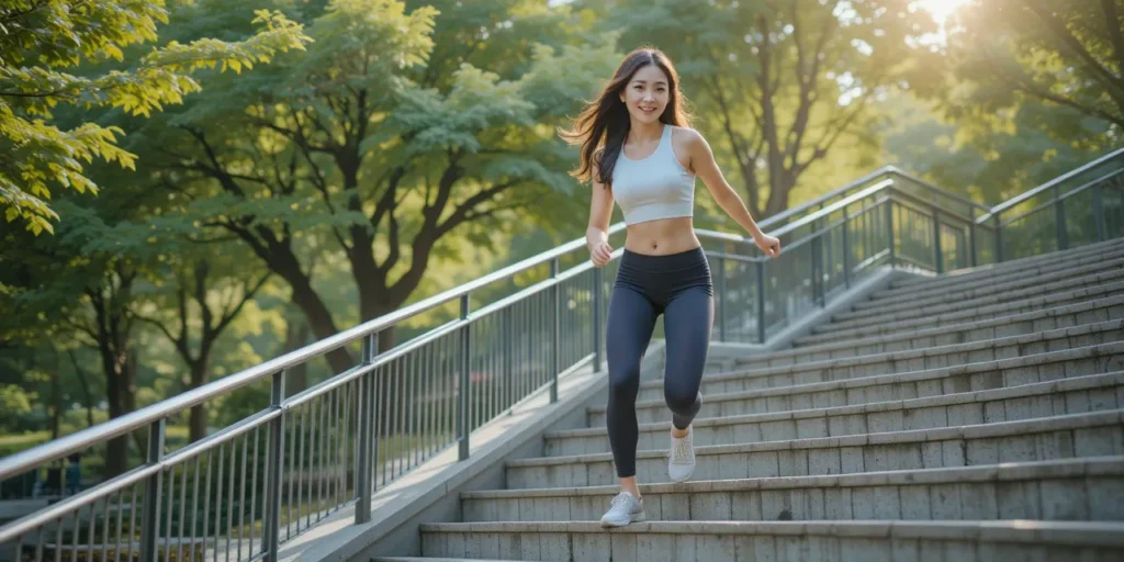계단 오르기 루틴의 건강 효과를 실천하며 공원 계단을 오르는 여성의 모습
